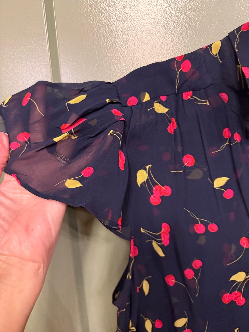 Anthropologie Navy Cherry-Print Tie-Neck Blouse - Picture 4 of 9